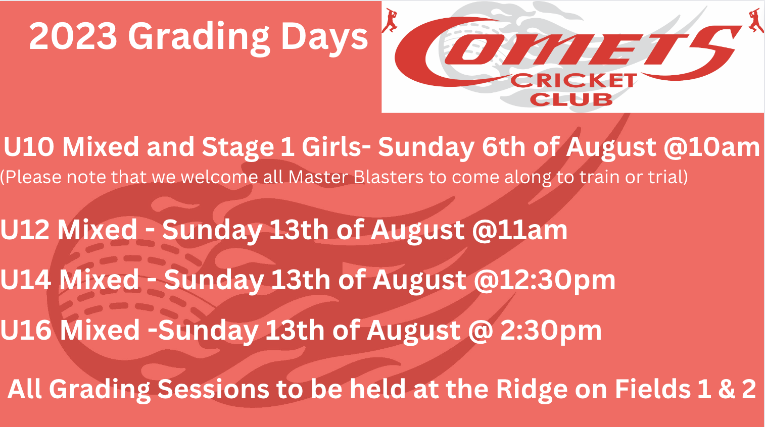 2023/24 Cricket Season Grading Day Date, Sunday August 13